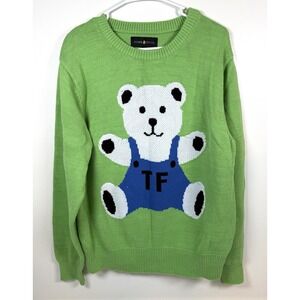 Teddy Fresh Knit Sweater Women's Large Crew Neck Bear Green Pullover
